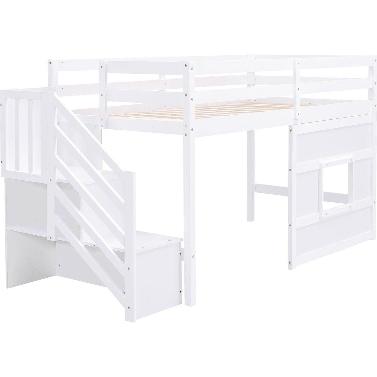 Twin Size Loft Bed with Storage Staircase and Window, White