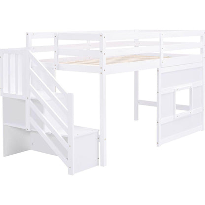 Twin Size Loft Bed with Storage Staircase and Window, White