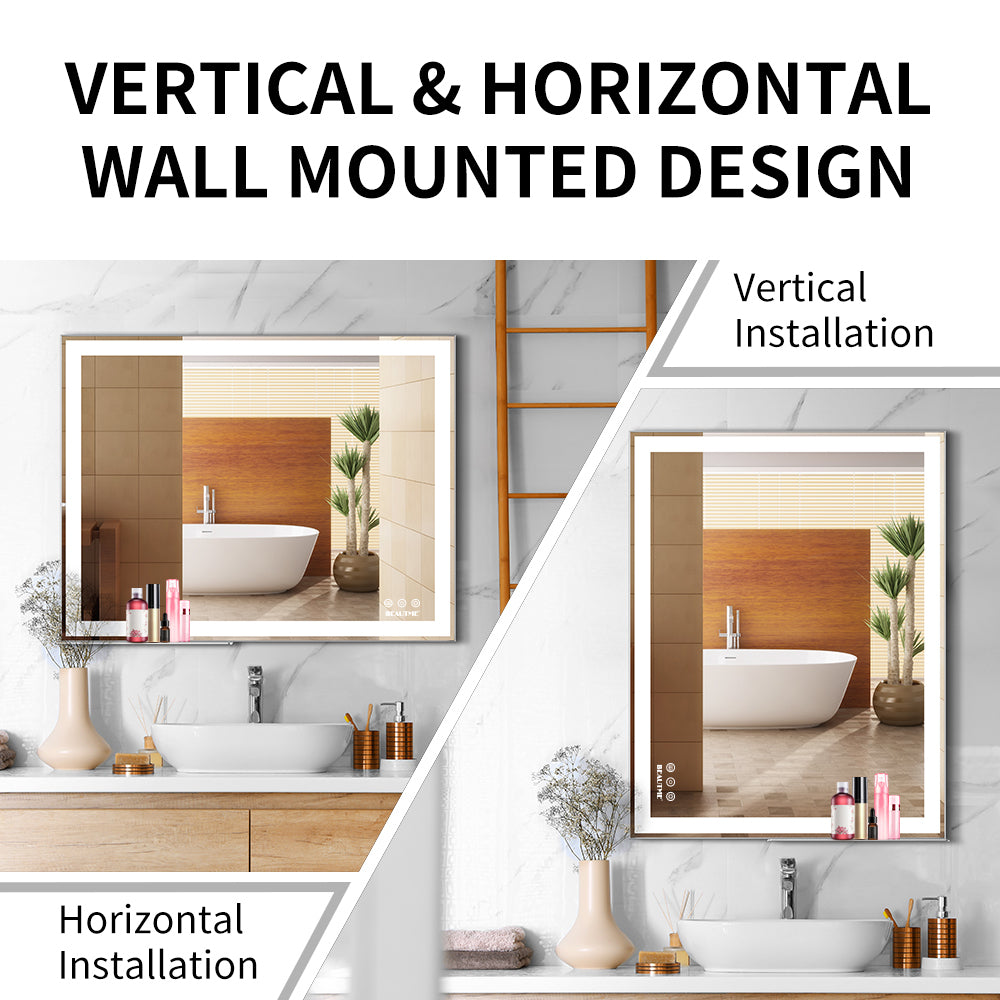 48x24 inch LED Bathroom Vanity Mirror Wall Mounted Adjustable White/Warm/Natural Lights Anti-Fog Touch Switch with Memory Modern Smart Large Bathroom Mirrors