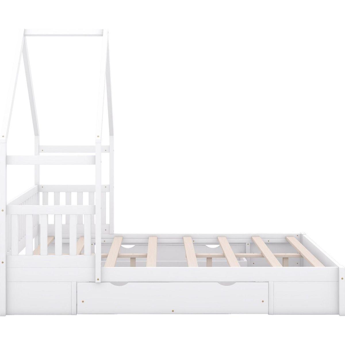 Wood Queen Size House Platform Bed with Guardrail and 2 Drawers, White