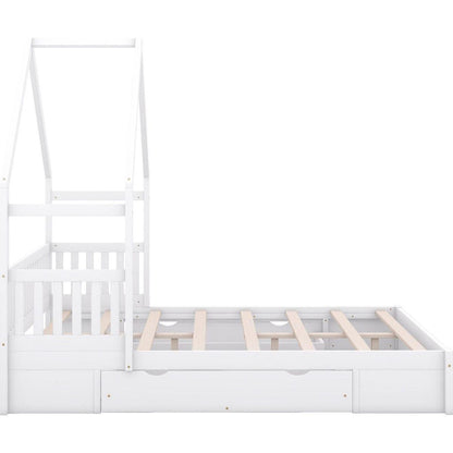 Wood Queen Size House Platform Bed with Guardrail and 2 Drawers, White
