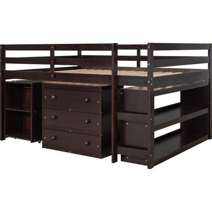 Low Study Full Loft Bed with Cabinet, Shelves and Rolling Portable Desk, Multiple Functions Bed- Espresso