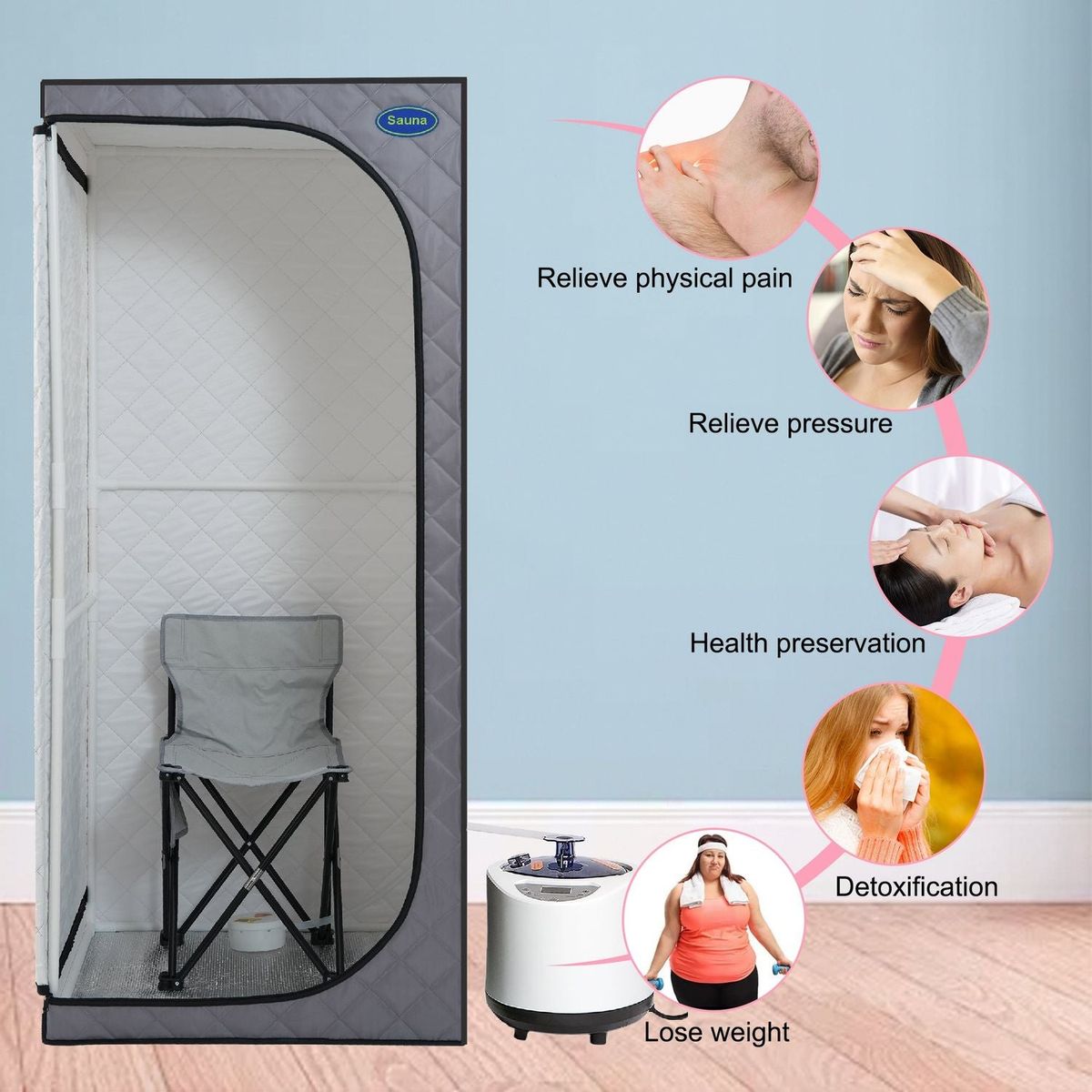 Full Size Portable Grey Steam Sauna tent"ersonal Home Spa, with Steam Generator, Remote Control, Foldable Chair, Timer and PVC Pipe Connector Easy to Install.Fast heating, with FCC Certification