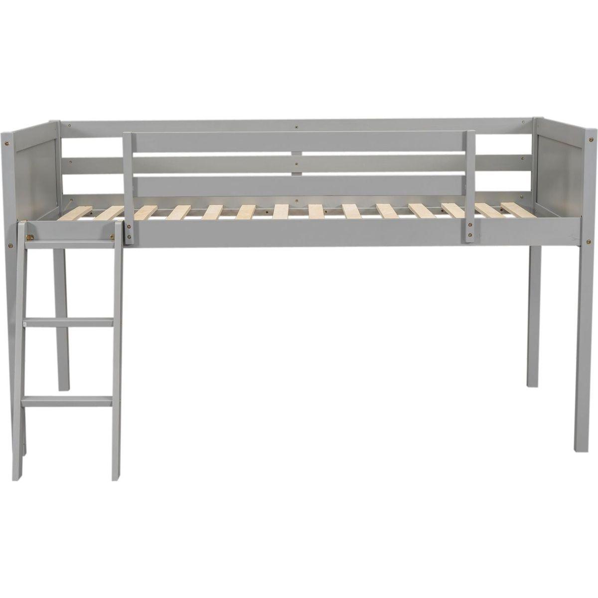Twin Size Wood Low Loft Bed with Ladder, ladder can be placed on the left or right, Gray