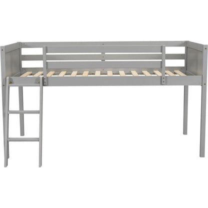 Twin Size Wood Low Loft Bed with Ladder, ladder can be placed on the left or right, Gray
