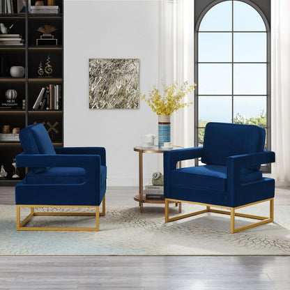 Modern Style Accent Chair with Gold Metal Base, Velvet Upholstered Leisure Chair with Open Armrest, Armchair, Navy