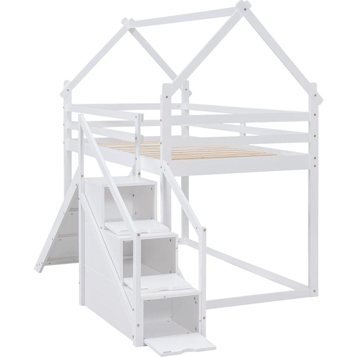 Twin over Twin House Loft or Bunk Bed with Slide and Staircase, White