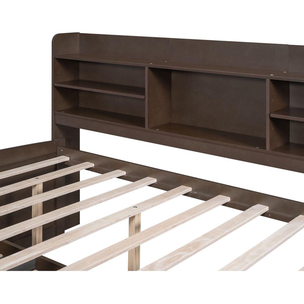 Full Size Wooden Captain Bed with Built-in Bookshelves,Three Storage Drawers and Trundle,Antique Grey - Streamdale Furniture