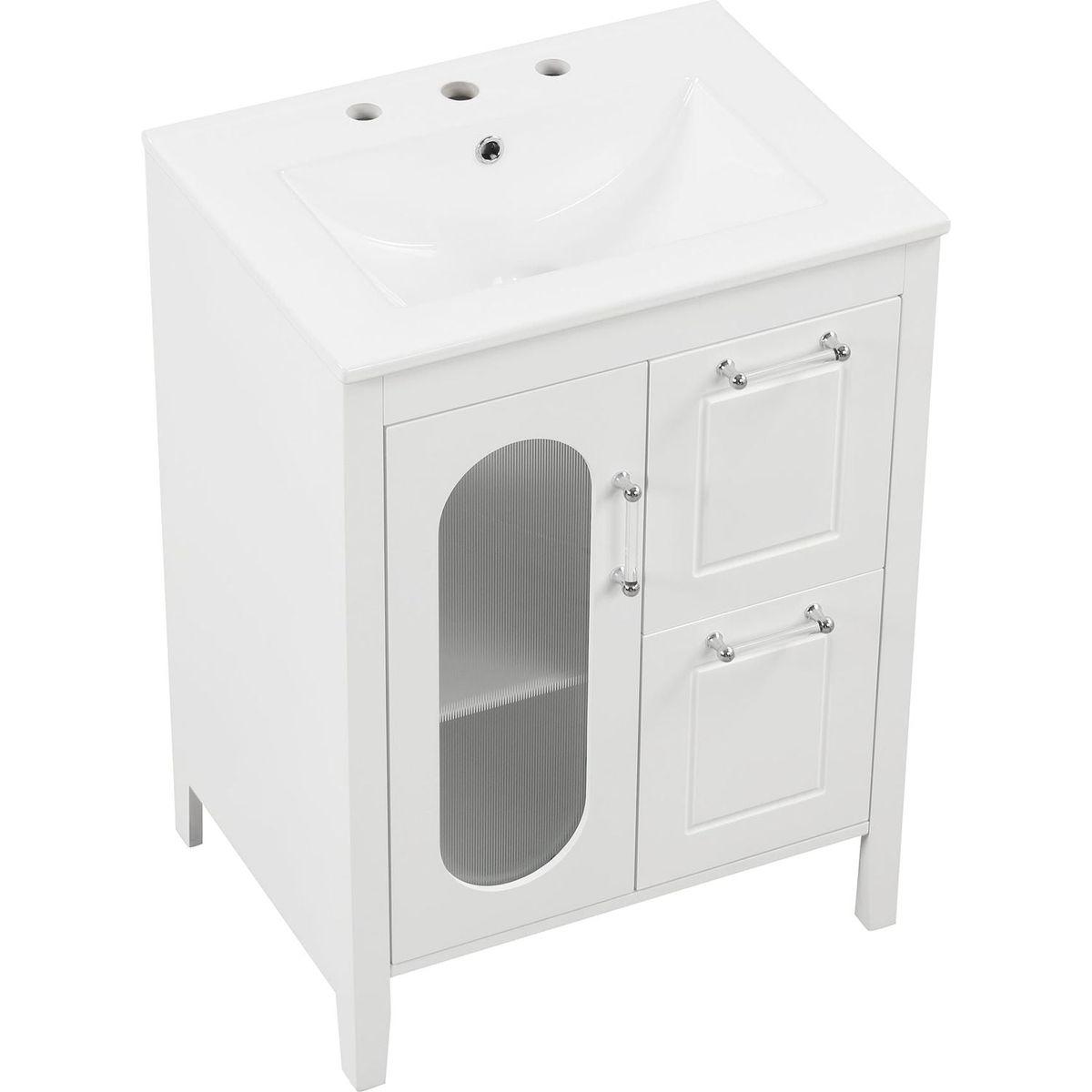 24" Bathroom Vanity with Sink, Bathroom Vanity Cabinet with Two Drawers and Door, Adjustable Shelf, Solid Wood and MDF, White