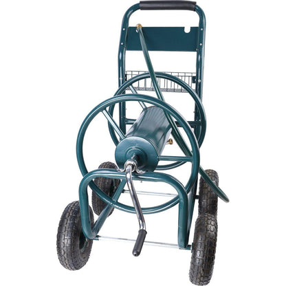 Garden Hose Reel Cart - 4 Wheels Portable Garden Hose Reel Cart with Storage Basket Rust Resistant Heavy Duty Water Hose Holder