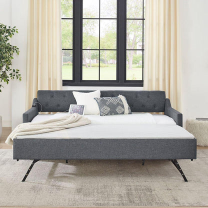 Twin Size Upholstery DayBed with Twin Size Erectable Trundle and USB Charging Design, Linen Dark Gray