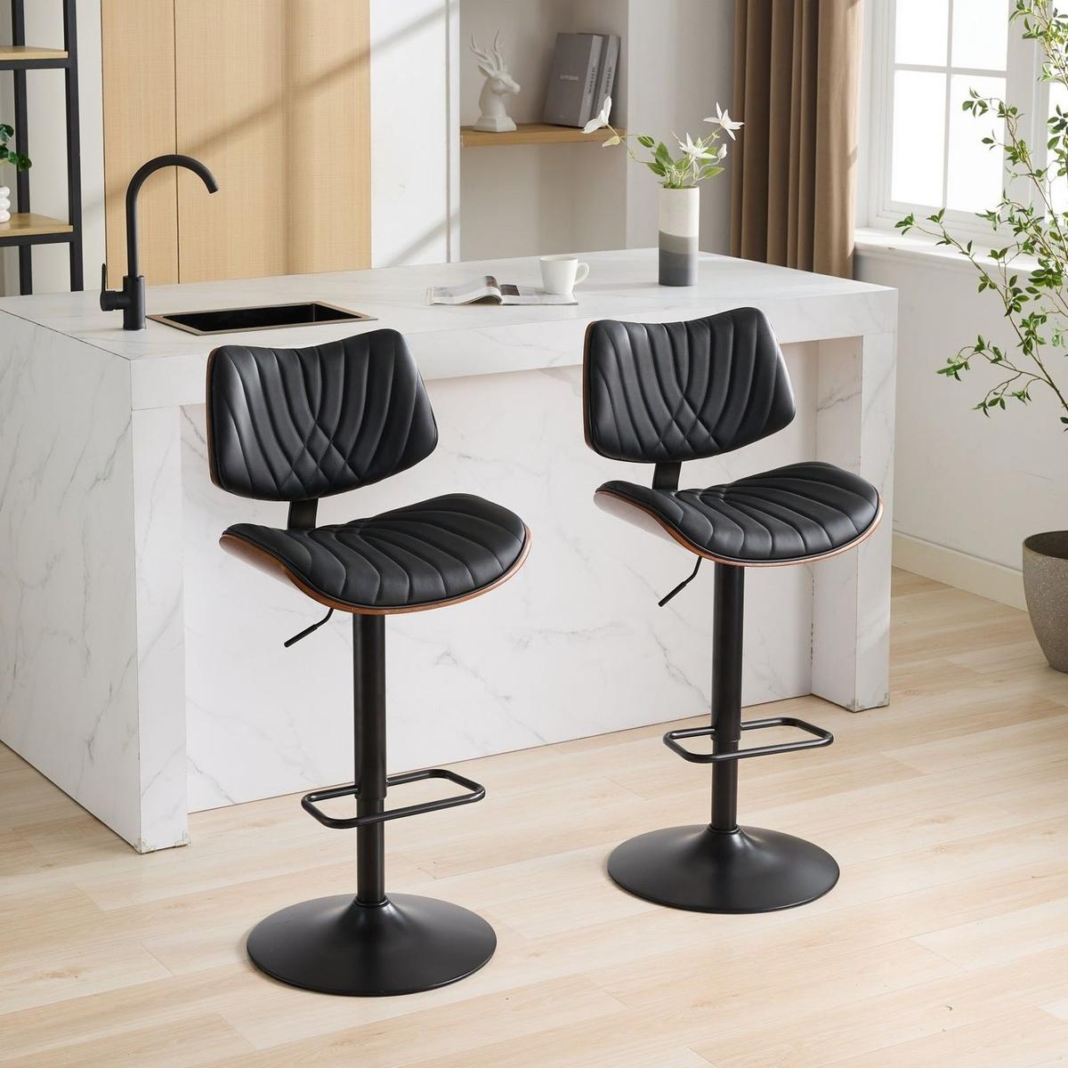 Walnut Bentwood Bar Stools Mid Century Modern Adjustable Counter Height Black Leather Upholstered 360Swivel Bar Chairs for Kitchen Island/Dining Room/Cafe, 1 chair/1carton,Black