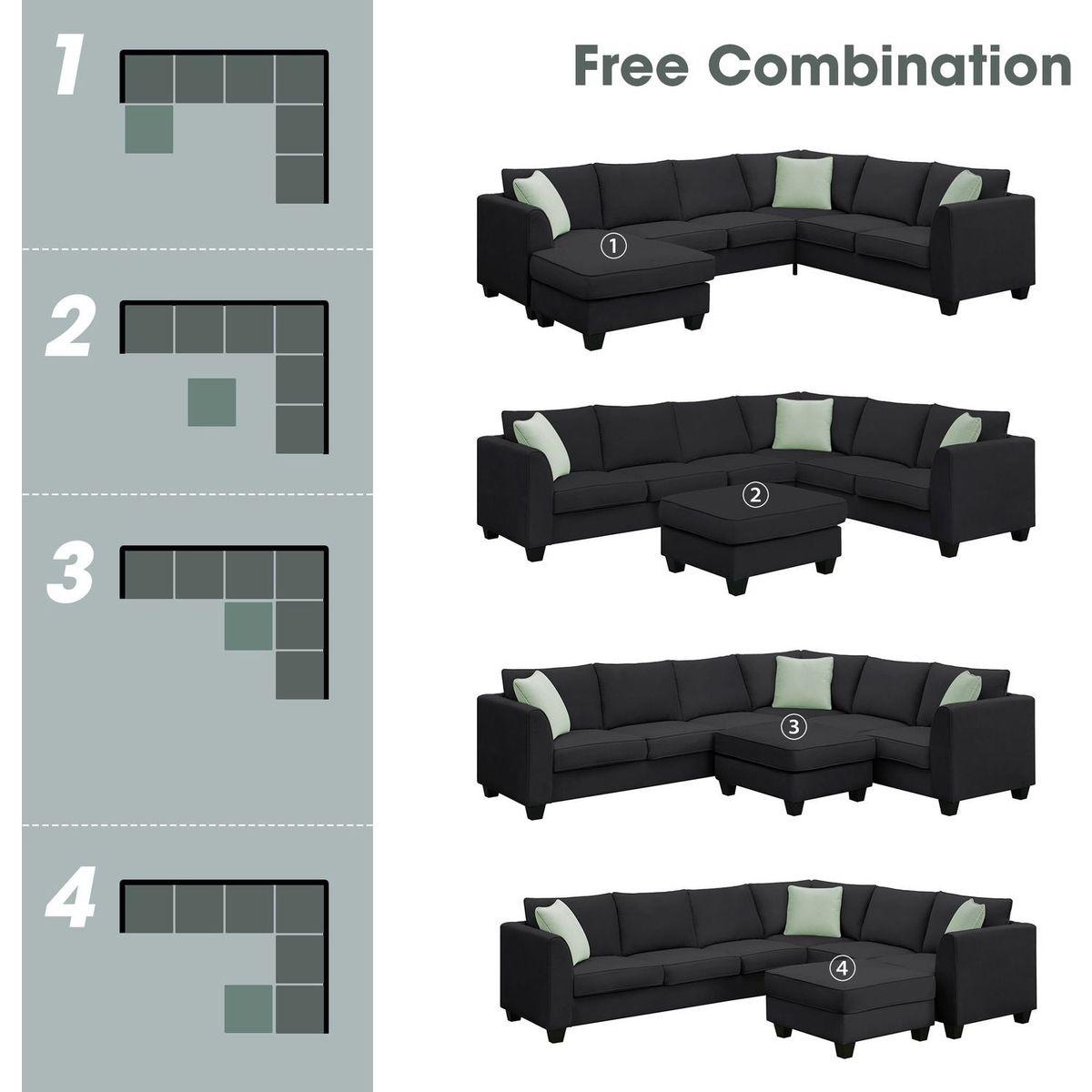 112x87" Sectional Sofa Couches Living Room Sets, 7 Seats Modular Sectional Sofa with Ottoman, L Shape Fabric Sofa Corner Couch Set with 3 Pillows, Black(New of GS008210AAB)