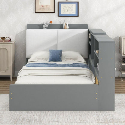 Wood Twin Size platform bed with Storage Headboard, Shelves and 2 Drawers, Gray