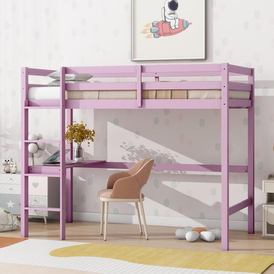 Twin High Loft Bed, Rubber Wood Loft Bed with Safety Guardrail, built-in desk, ladder,Pink