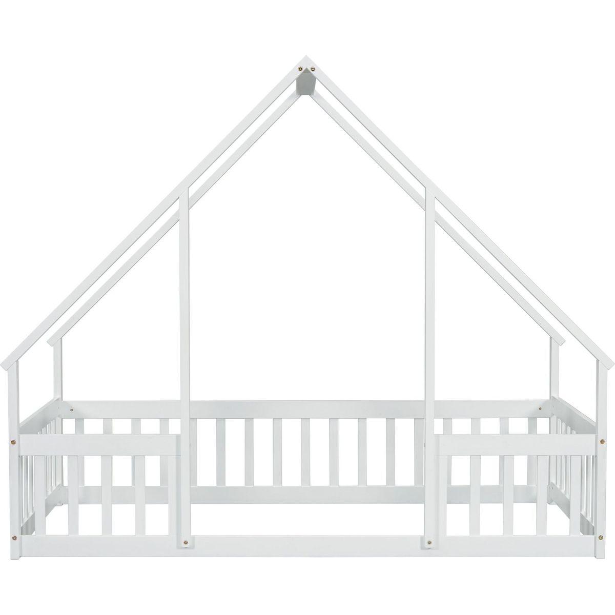 Twin Wood House-Shaped Floor Bed with Fence, Guardrails, White