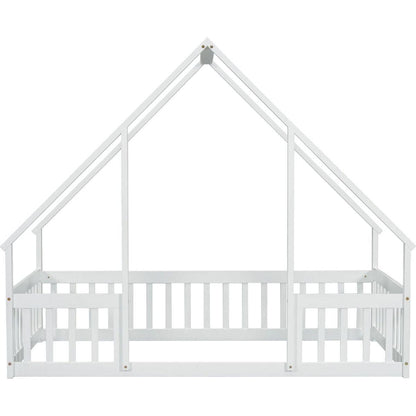 Twin Wood House-Shaped Floor Bed with Fence, Guardrails, White
