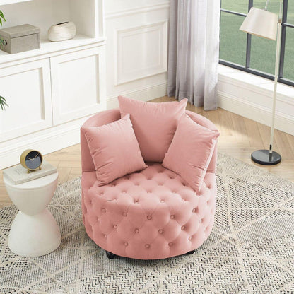 Velvet Upholstered Swivel Chair for Living Room, with Button Tufted Design and Movable Wheels, Including 3 Pillows, Pink