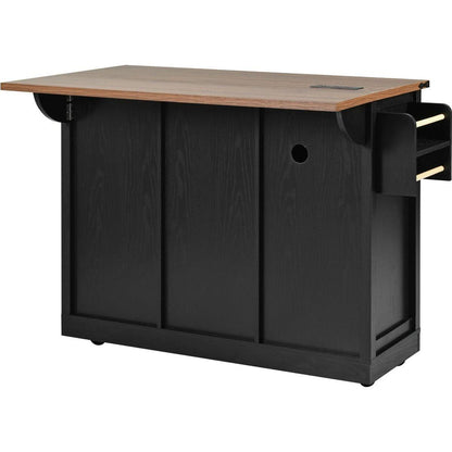 53.7" Farmhouse Kitchen Island with Power Outlet, 2 Sliding Barn Door Kitchen Storage Island with Drop Leaf, Spice Rack Rolling Kitchen Cart on Wheels, for Home, Kitchen and Dining Room, Black
