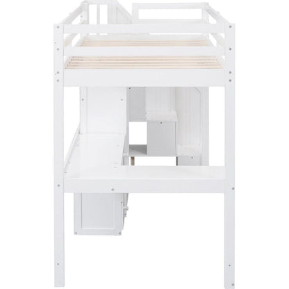 Twin Size Loft Bed with L-Shaped Desk and Drawers, Cabinet and Storage Staircase, White