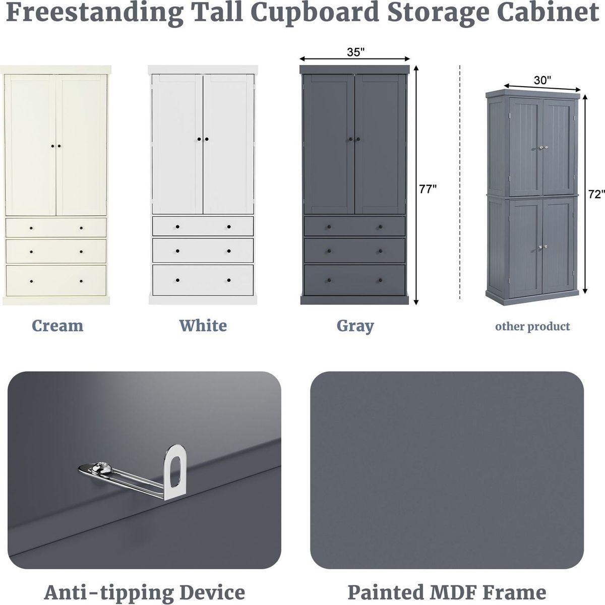 [Assembly Video Provided]77inch Farmhouse Kitchen Pantry, Freestanding Tall Cupboard Storage Cabinet with 3 Adjustable Shelves, 8 Door Shelves, 3 Drawers for Kitchen, Dining Room, Gray