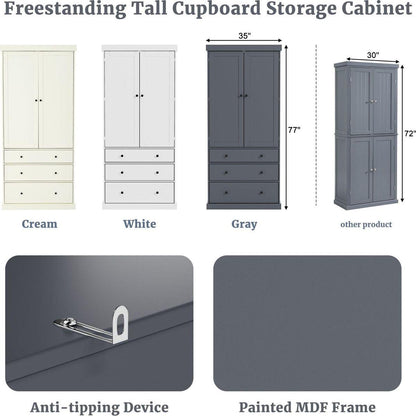 [Assembly Video Provided]77inch Farmhouse Kitchen Pantry, Freestanding Tall Cupboard Storage Cabinet with 3 Adjustable Shelves, 8 Door Shelves, 3 Drawers for Kitchen, Dining Room, Gray