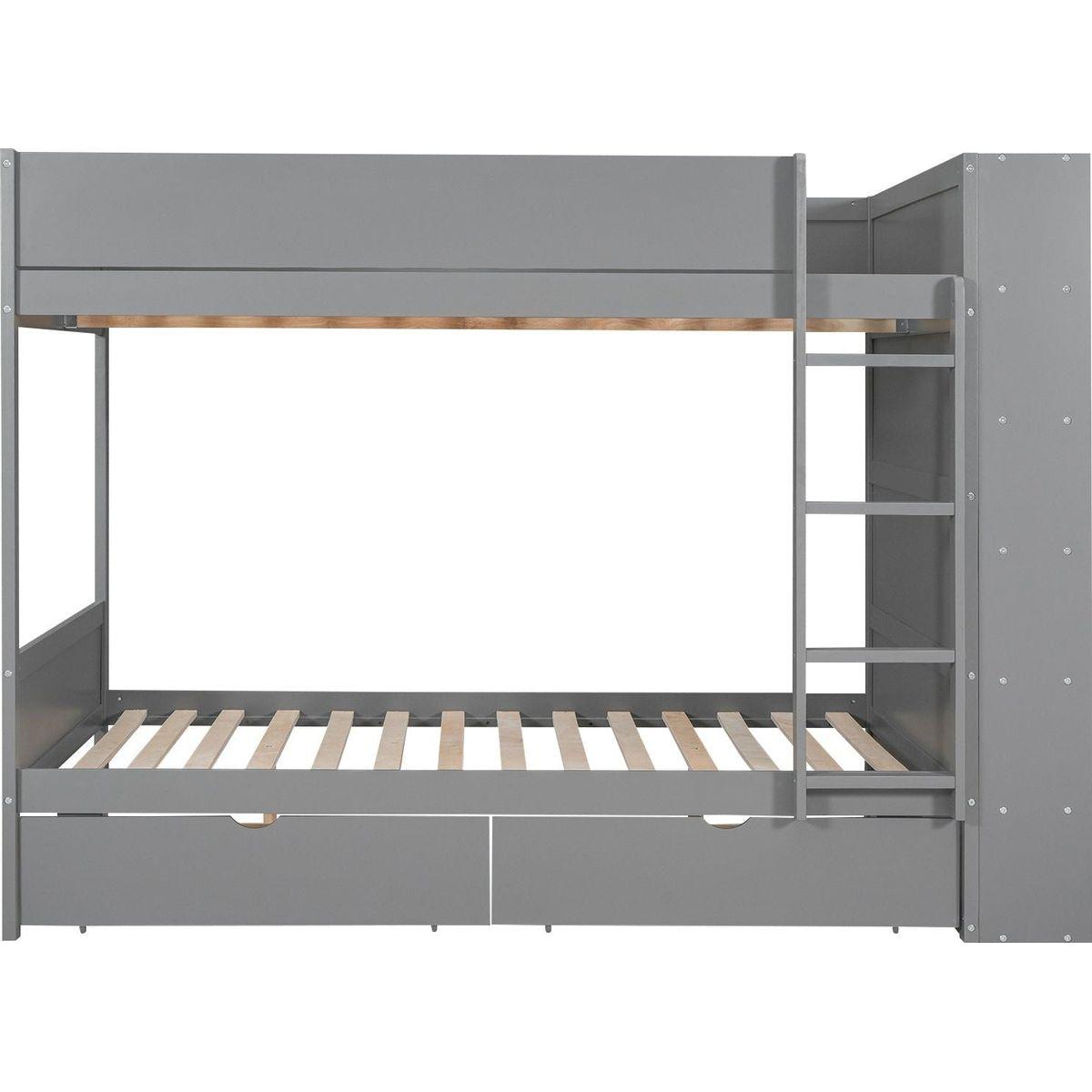Full over Full Bunk Bed With 2 Drawers and Multi-layer Cabinet, Gray