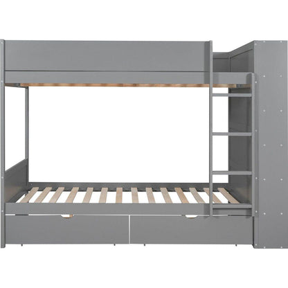 Full over Full Bunk Bed With 2 Drawers and Multi-layer Cabinet, Gray