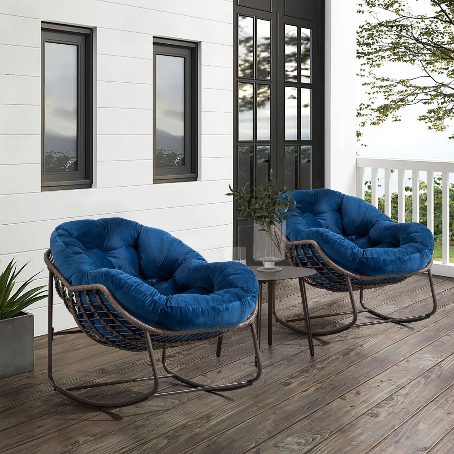 Outdoor Rattan Rocking Chair,Padded Cushion Rocker Recliner Chair Outdoor for Front Porch, Living Room, Patio, Garden, Navy Blue