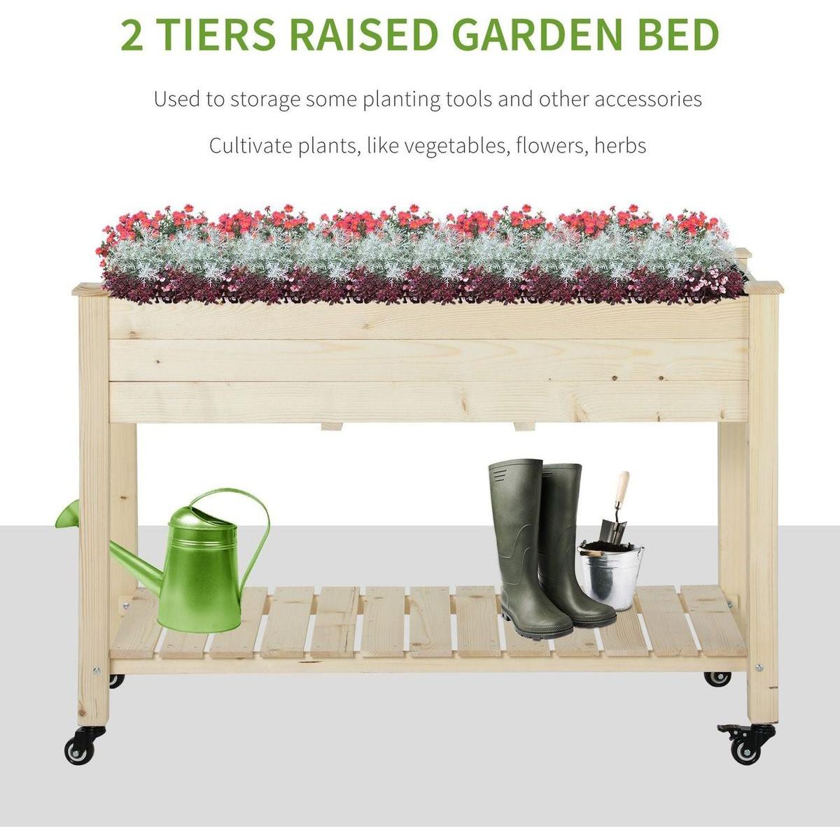 Raised Garden Bed, 47" x 22" x 33", Elevated Wooden Planter Box w/ Lockable Wheels, Storage Shelf, and Bed Liner for Backyard, Patio, Natural
