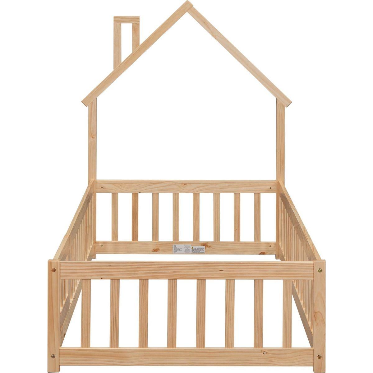 Twin House-Shaped Headboard Floor Bed with Fence ,Natural