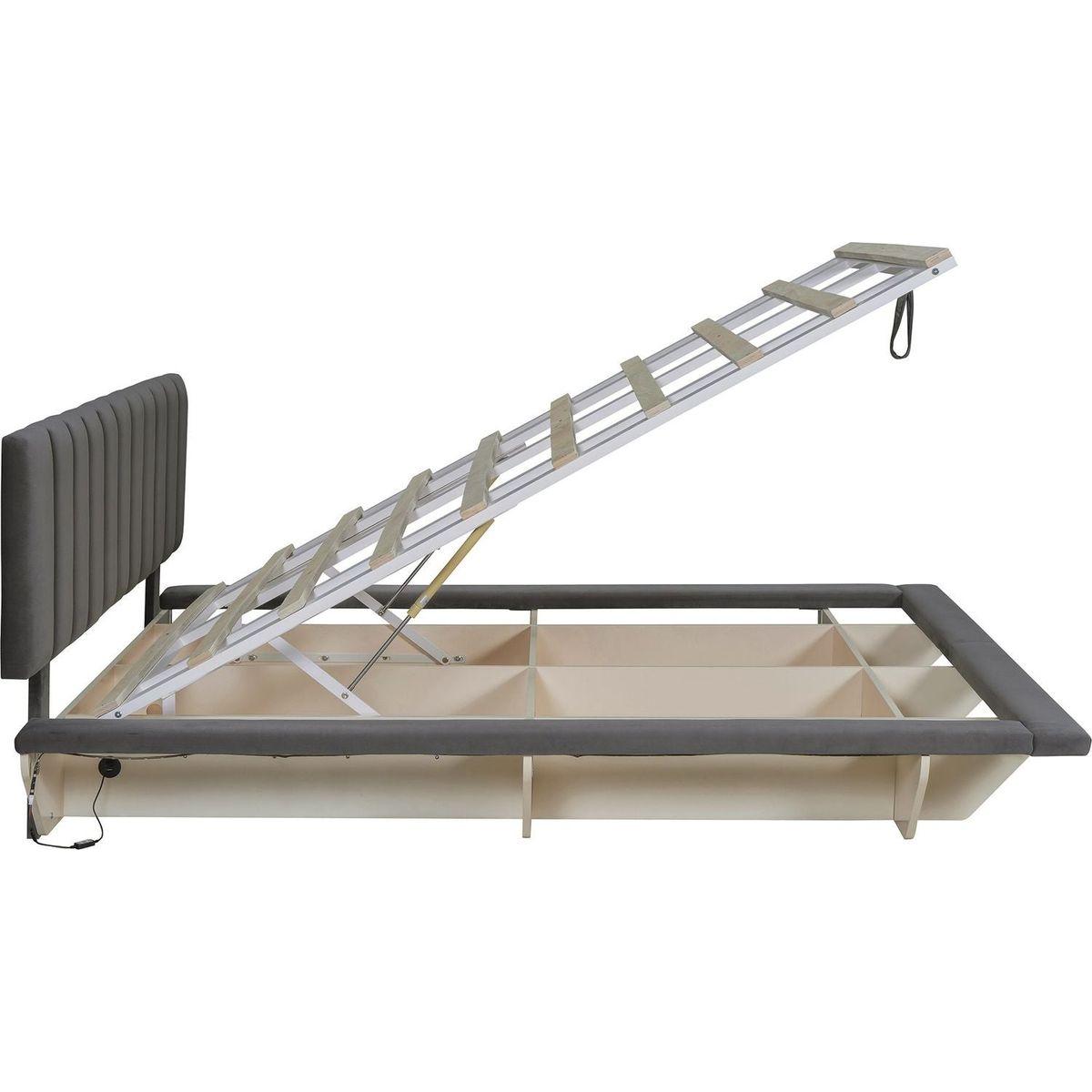 Queen Size Upholstered Floating Bed with LED Light and USB Port, Velvet, Gray, Hydrualic Platform Bed