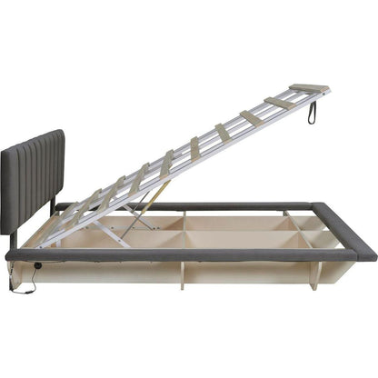Queen Size Upholstered Floating Bed with LED Light and USB Port, Velvet, Gray, Hydrualic Platform Bed