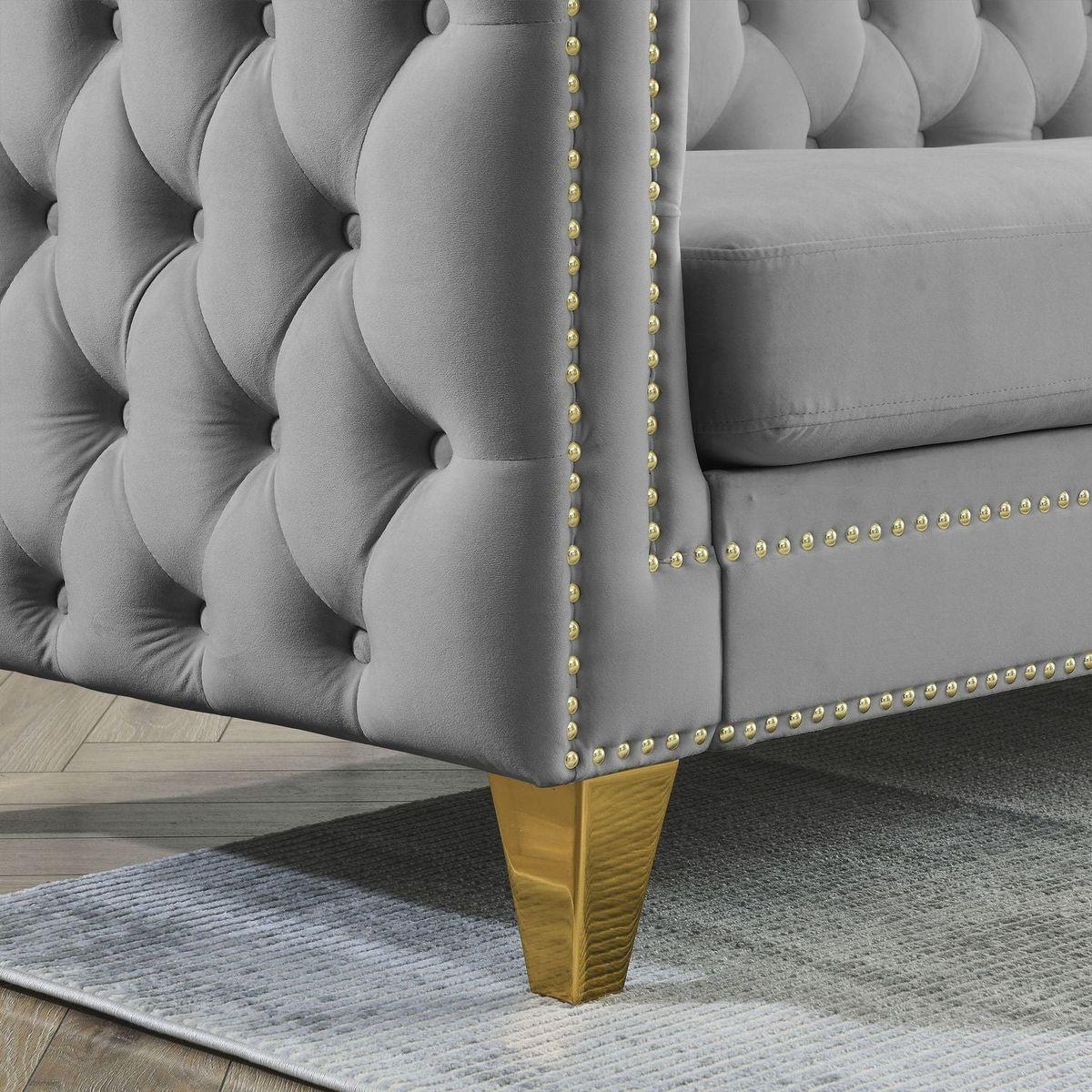 Velvet Sofa for Living Room,Buttons Tufted Square Arm Couch, Modern Couch Upholstered Button and Metal Legs, Sofa Couch for Bedroom, Grey Velvet .2PCS
