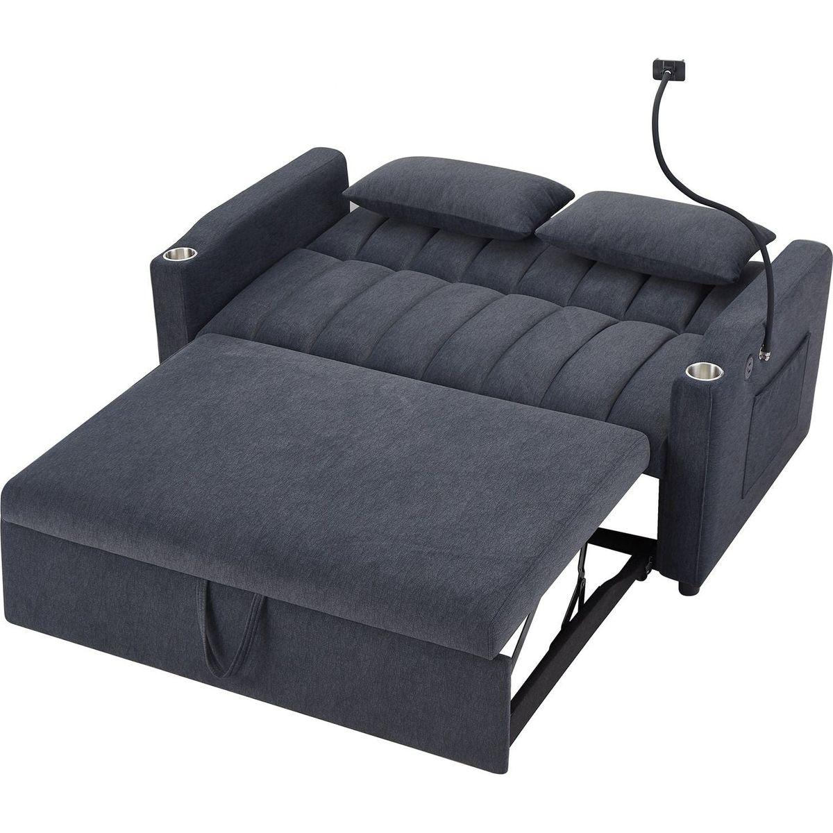 55.9" Convertible Sofa Bed Loveseat Sofa with Three USB Ports, Two Side Pockets, Two Cup Holders and 360Swivel Phone Holder for Living Room, Blue Grey
