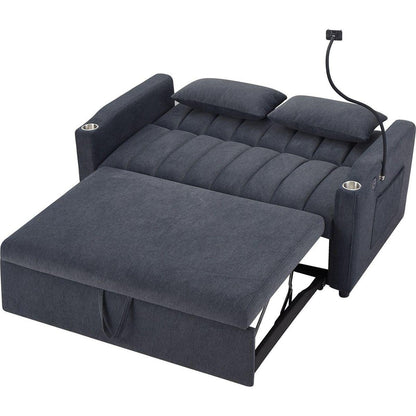 55.9" Convertible Sofa Bed Loveseat Sofa with Three USB Ports, Two Side Pockets, Two Cup Holders and 360Swivel Phone Holder for Living Room, Blue Grey