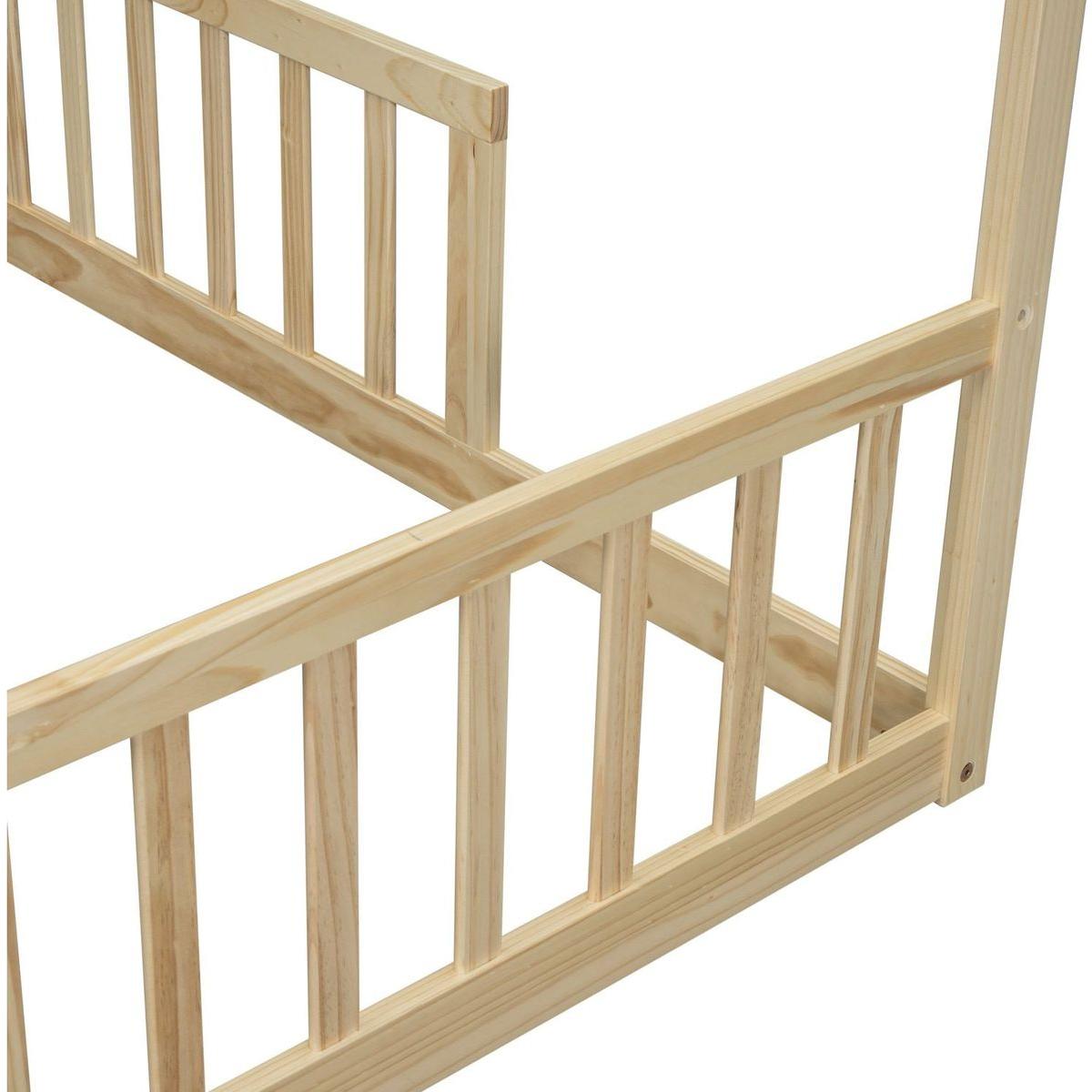 Double Twin House-Style Floor Bed with Fence, Guardrails, without door, Natural