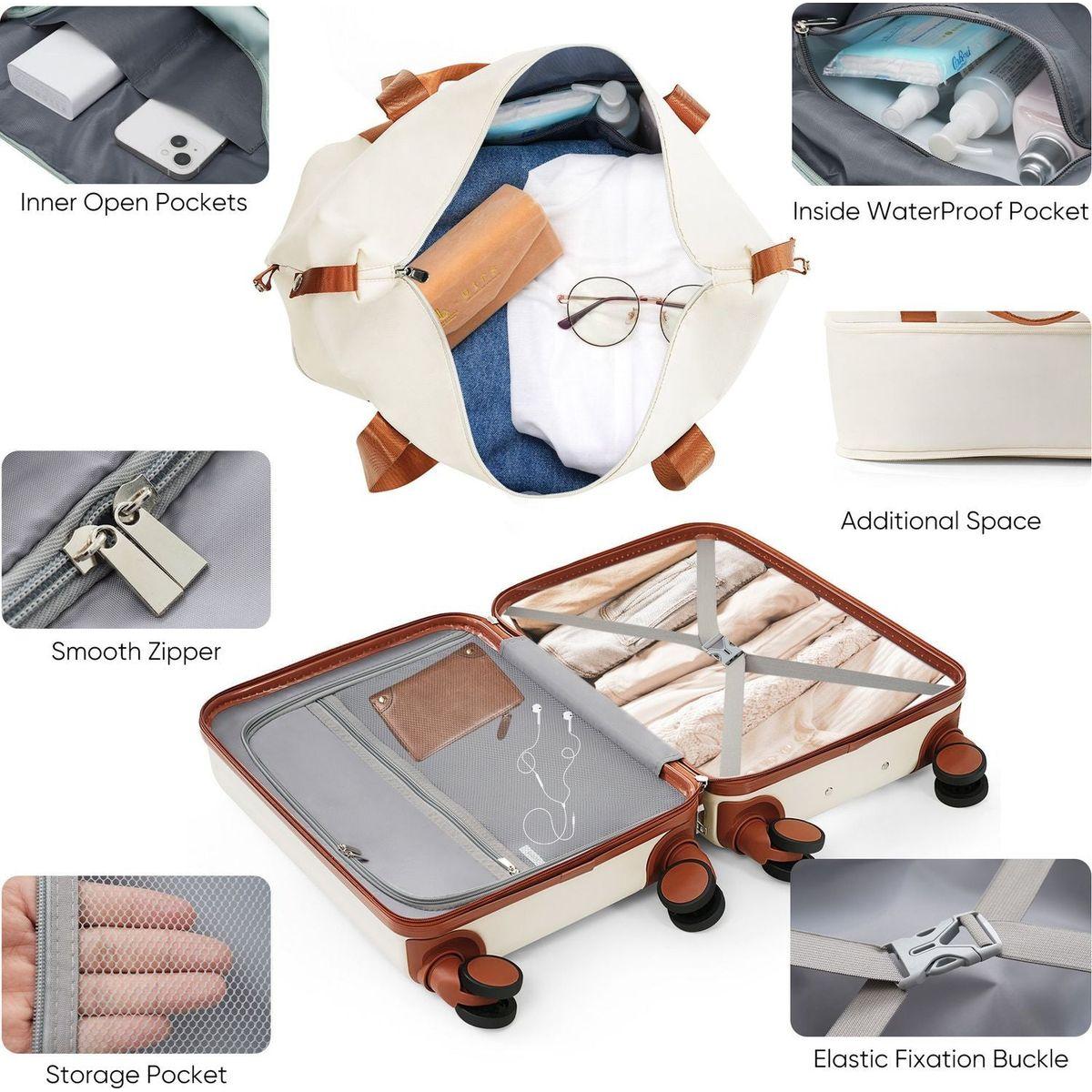 Front Opening 20-Inch Carry-On Luggage with Expandable Travel Bag Set, ABS Hard Shell Two-piece suitcase set with USB Port, Cup Holder, ivory and brown