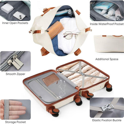 Front Opening 20-Inch Carry-On Luggage with Expandable Travel Bag Set, ABS Hard Shell Two-piece suitcase set with USB Port, Cup Holder, ivory and brown