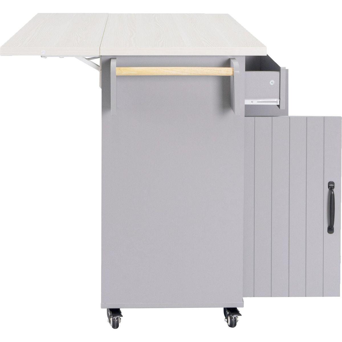 Kitchen Island with Trash Can Storage Cabinet, Kitchen Cart with Drop Leaf, Spice Rack, Towel Rack and Drawer, Rolling Kitchen Island on Wheels with Adjustable Shelf, Grey