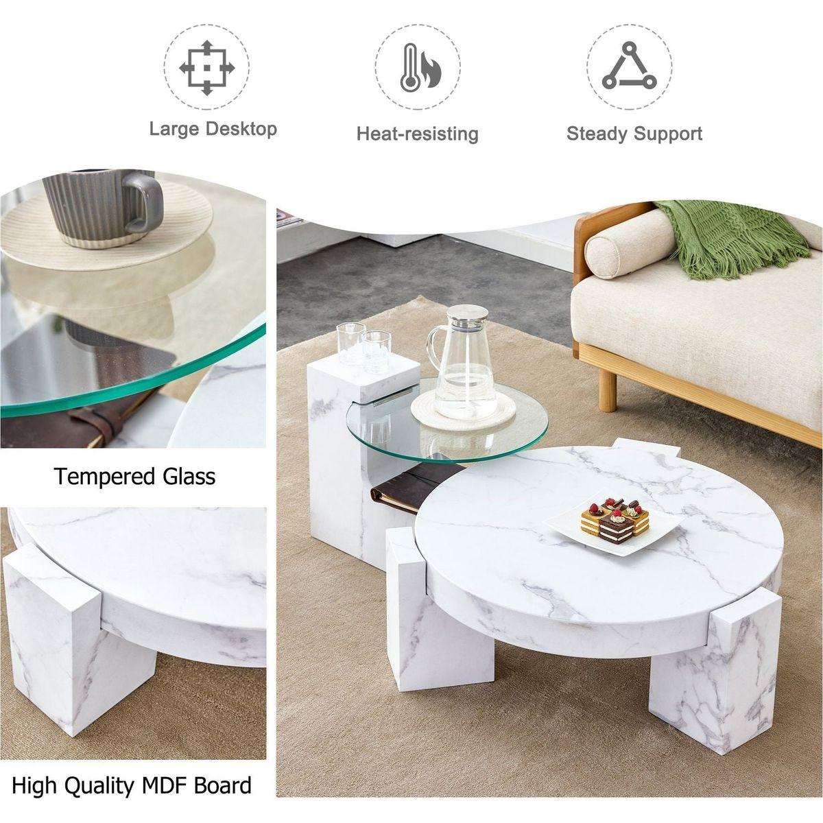 A modern, fashionable, and durable marble textured MDF coffee table with a side table. Match with multiple scenes. Suitable for living room and bedroom.