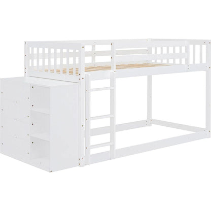 Twin over Twin Bunk Bed with 4 Drawers and 3 Shelves-White