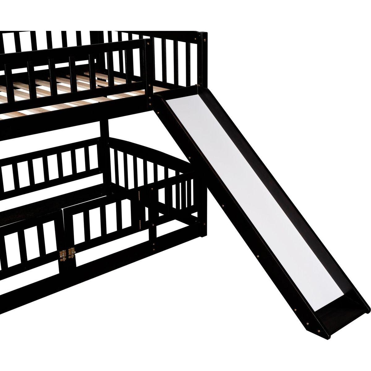 Bunk Bed with Slide,Twin Over Twin Low Bunk Bed with Fence and Ladder for Toddler Kids Teens Espresso