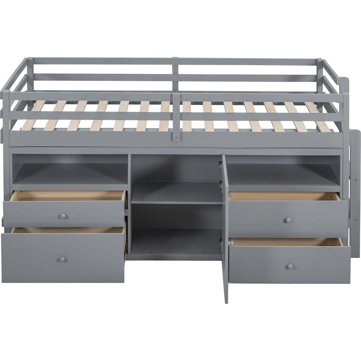 Twin Size Loft Bed with 4 Drawers, Underneath Cabinet and Shelves, Gray
