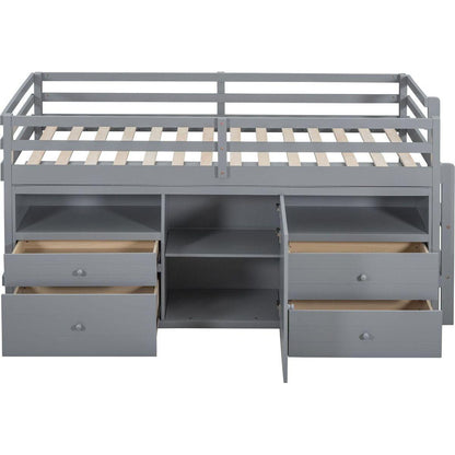 Twin Size Loft Bed with 4 Drawers, Underneath Cabinet and Shelves, Gray