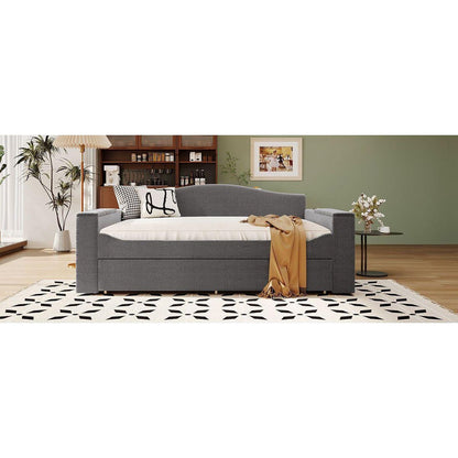 Full Size Upholstered Daybed with Storage Armrests, Trundle and Latest Integrated Bluetooth Audio System, Teddy Fleece, Gray