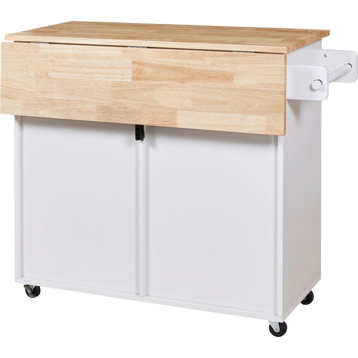 Rolling Kitchen Island with Storage, Kitchen Cart with Rubber Wood Top, Spacious Drawer with Divider and Internal Storage Rack, Kitchen Island on Wheels with Adjustable Shelf Tower Rack, White