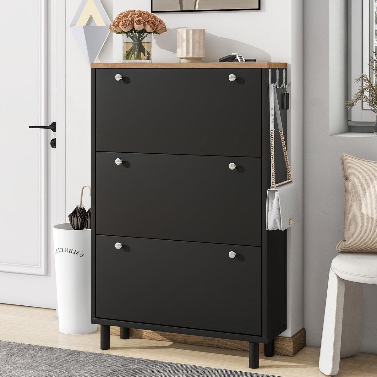 Narrow Design Shoe Cabinet with 3 Flip Drawers, Wood Grain Pattern Top Entryway Organizer with 3 Hooks, Free Standing Shoe Rack with Adjustable Panel for Hallway, Black