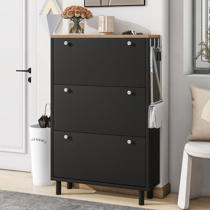 Narrow Design Shoe Cabinet with 3 Flip Drawers, Wood Grain Pattern Top Entryway Organizer with 3 Hooks, Free Standing Shoe Rack with Adjustable Panel for Hallway, Black