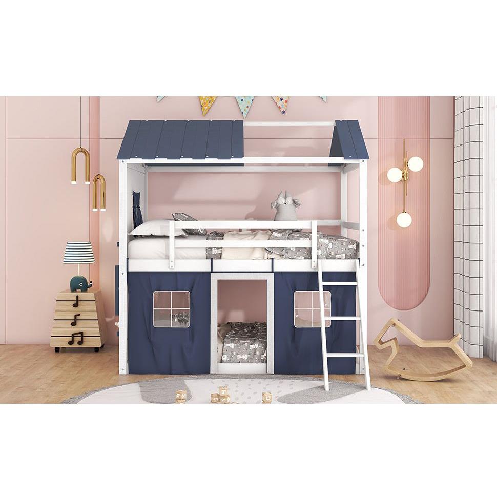 Full Size Bunk Wood House Bed with Elegant Windows, Sills and Tent, Blue+White